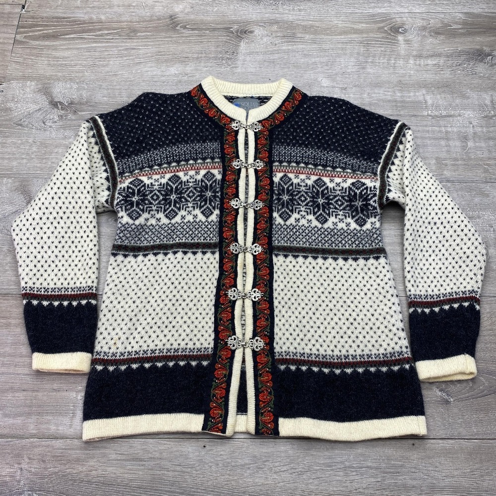 Squaw Valley Cardigan Sweater Women Petite‎ Medium Wool Fair Isle Metal Clasp